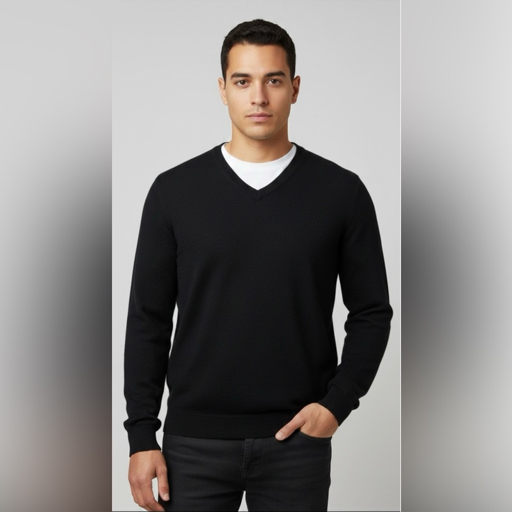PAIGE MERCERIZED WOOL CASHMERE V Neck Sweater Size L BLACK